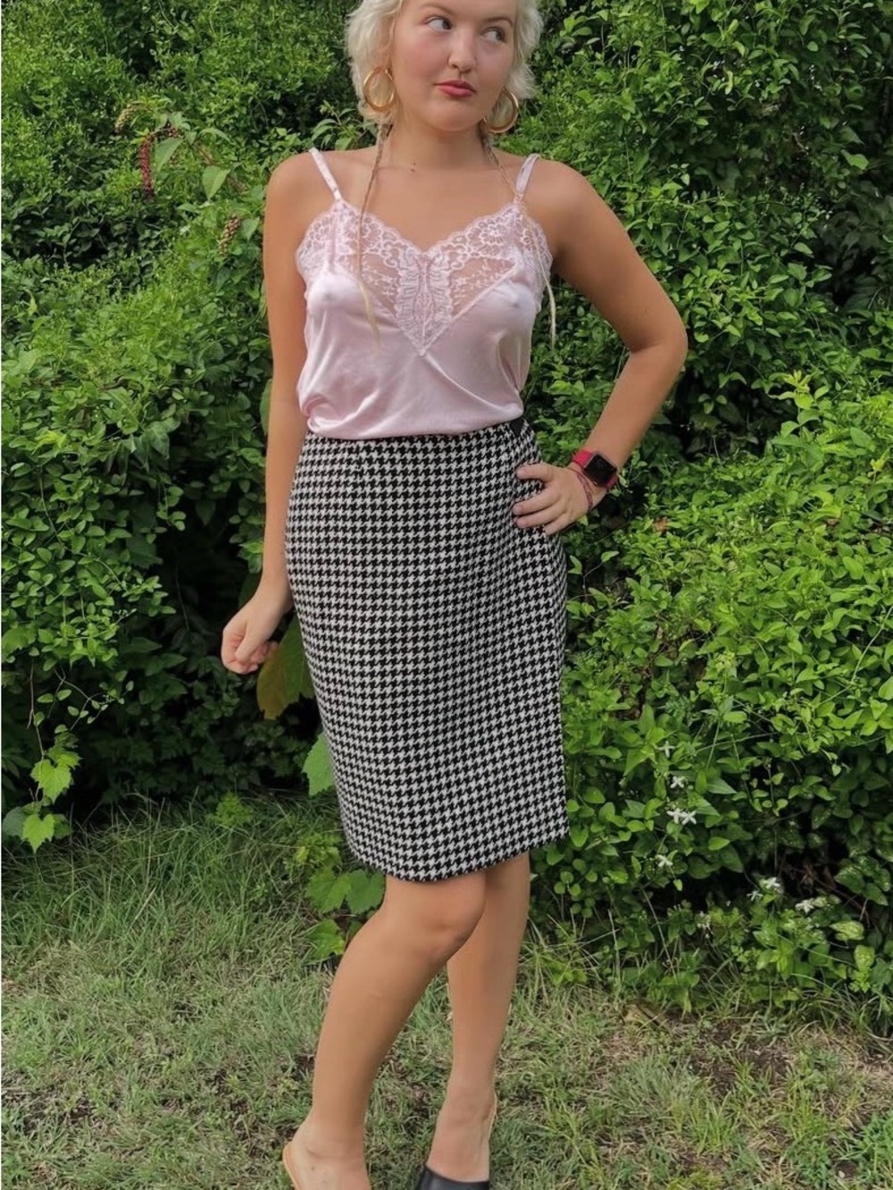 Ralph Lauren Black and White Houndstooth Wool Pencil Skirt